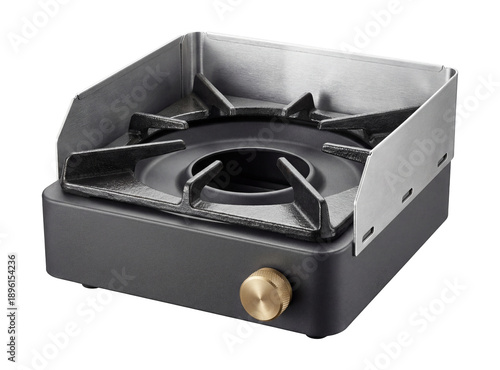 Tabletop gas stove with a detachable wind guard.
