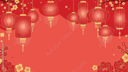 Vibrant Chinese New year background featuring elegant red lanterns and delicate blooming cherry blossoms, symbolizing prosperity and festive celebration