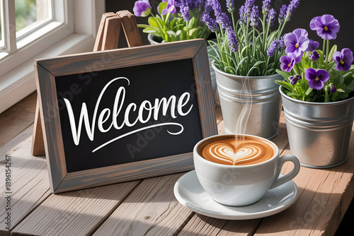 A warm and inviting scene featuring a welcome sign on a wooden table with a cup of coffee and potted purple flowers near a sunny window