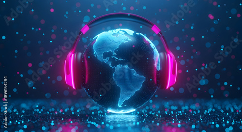 A glowing blue globe wearing pink headphones for a global music or audio concept
