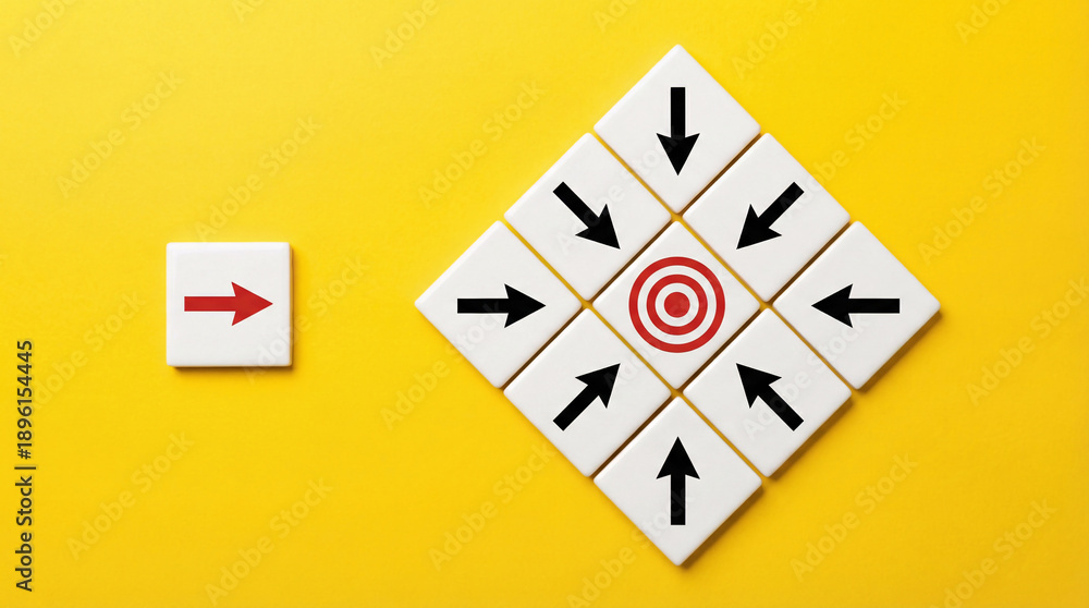 Obraz premium Strategic decision making and unique direction concept with arrows pointing toward target on bright yellow background.