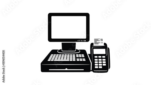 Point of sale terminal with monitor keyboard and card reader on white background for retail business transactions