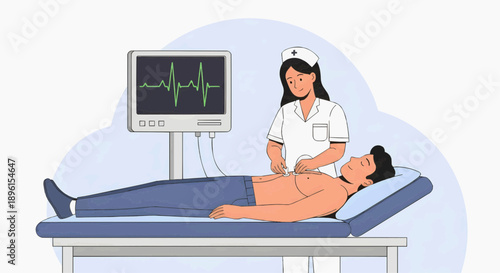 Vector illustration of a nurse conducting an examination on a male patient using a medical monitor
