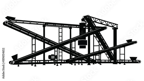 Industrial conveyor belt system with intersecting metal structures and funnel shaped ends on a white background