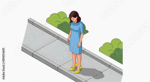 Vector image of a sad woman standing alone on the sidewalk, wearing yellow high-heeled shoes