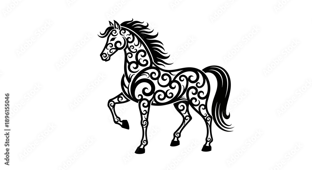 Fototapeta premium Black silhouette illustration of a fire horse with decorative swirls for Chinese New Year 2026, against a clean white background.