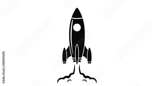 Black rocket ship launching into the air with smoke and flames on a white background symbolizing innovation and progress