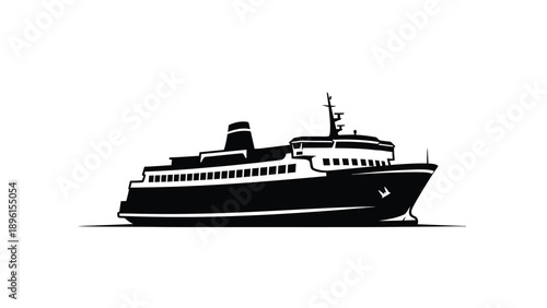 Large ferry boat silhouette sailing on calm waters isolated on white background transportation concept