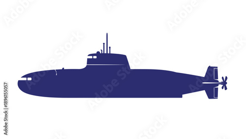 Dark blue submarine silhouette with conning tower and propeller on white background naval vessel