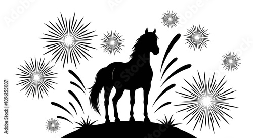 Black silhouette of a horse against a white background, surrounded by decorative firework-like designs, symbolizing the Chinese New Year of the Fire Horse.