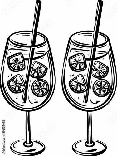 Two glasses of lemonade with citrus slices and ice black and white