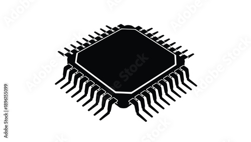 Black microchip with white outline on white background electronic component with pins
