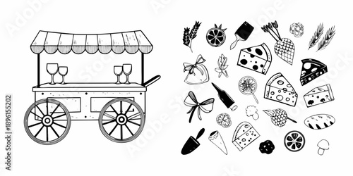A charming black and white illustration of a food cart with various sweets