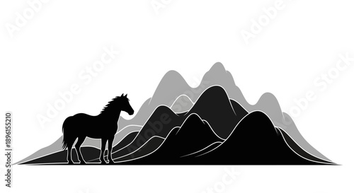 Black silhouette of a horse standing in front of gray and black mountains, a design element for Chinese New Year of the Fire Horse 2026 celebrations, against a white background.