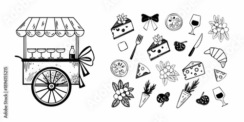 Black and white illustration of a dessert cart and various sweet treats