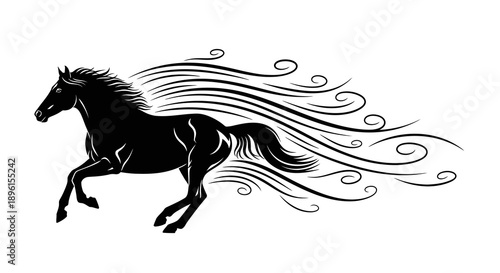Black silhouette of a running horse with flowing mane and tail, symbolizing the Chinese New Year of the Fire Horse 2026, against a clean white background.