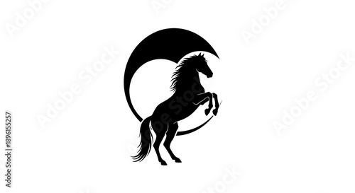 Black silhouette of a horse rearing up in front of a crescent moon, symbolizing the Chinese New Year of the Fire Horse 2026, a decorative design element for the carnival event.