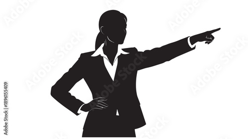 A confident businesswoman stands pointing forward with one hand on her hip, silhouette illustration, against a clean background, viewed from the side.