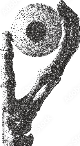 Skeleton vintage y2k stipple art, hand halftone stipple brutalist retro vector png with transparent background, bony 2000s aesthetic photocopy effect tattoo