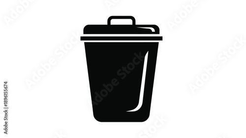 Black trash can icon with lid and handle on white background symbolizing waste management and disposal