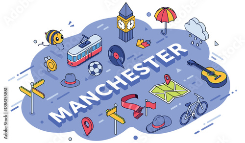 Manchester landmarks and symbols illustrated with icons of music, sport, and weather