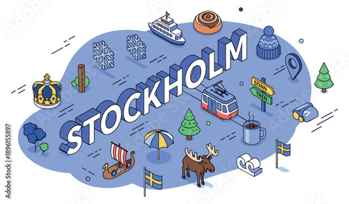 Stockholm landmarks and icons: crown, tram, swedish flag, viking ship, moose, coffee