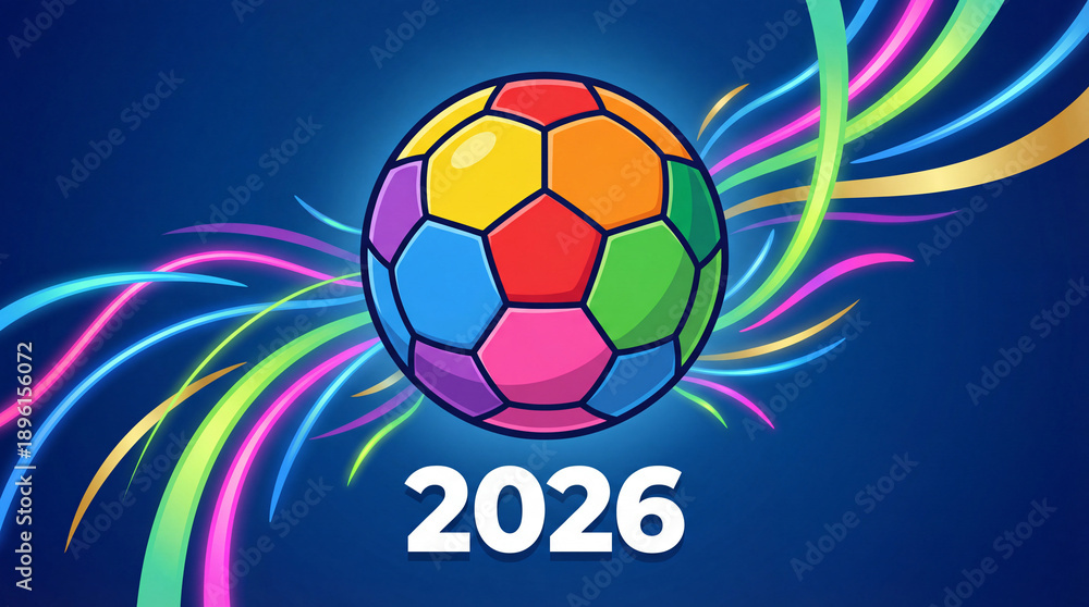 Fototapeta premium Vibrant Colorful Soccer Ball 2026 with Dynamic Neon Light Streaks on Blue Background