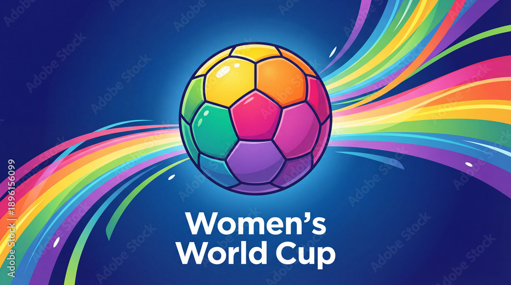Naklejka premium Vibrant Women's World Cup Soccer Ball Illustration with Dynamic Rainbow Swirls