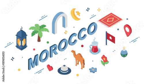 Moroccan cultural icons: camel, lantern, tea, and traditional symbols