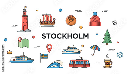 Stockholm icons: viking ship, map, wave, coffee, crown, swedish flag, tram, hat, snowflake