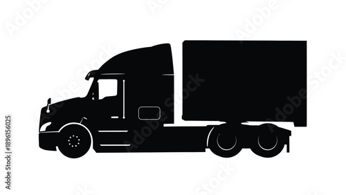 Large black semi truck silhouette driving on white background for transportation and logistics concepts