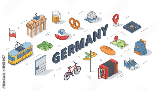 Isometric icons representing germany: landmark, food, and culture in vector art