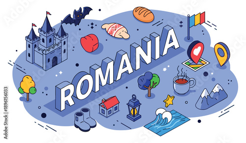 Romania icon set: castles, cuisine, nature, and culture in vibrant illustration