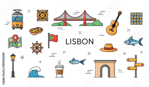 Lisbon icons: tram, bridge, portuguese tiles, guitar, pastries, coffee, and landmarks