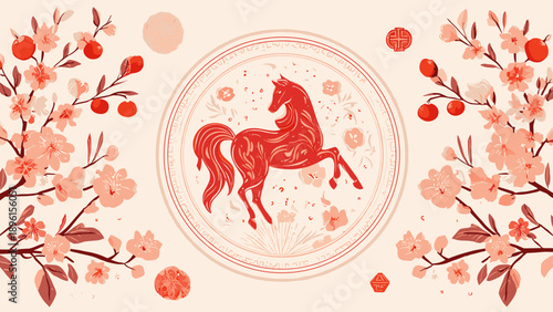 Elegant Red Horse Illustration with Cherry Blossom Decor.