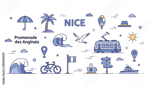 Nice france travel icons: beach, tram, palm trees, bicycle, cafe, promenade des anglais