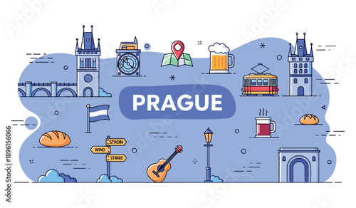 Prague travel illustration: landmarks, cuisine, and culture highlights
