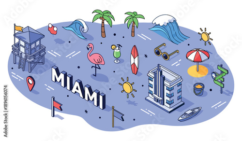 Miami beach icons: surfboards, flamingos, and palm trees in vibrant coastal illustration