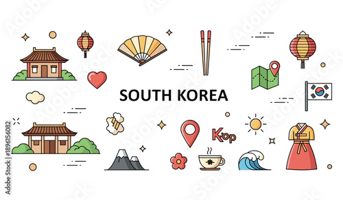 Colorful icons representing south korean culture and traditions