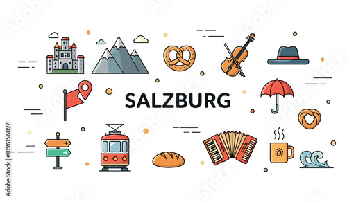 Salzburg icons: mountains, castle, pretzel, tram, accordion, and more