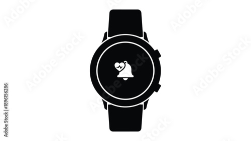 Black smartwatch with heart and bell notification symbol on screen isolated on white background wearable technology device