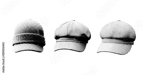 Pop art style halftone caps trio in black and white