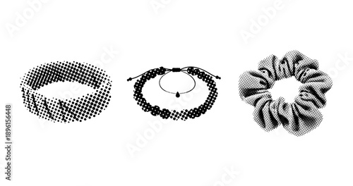 Halftone illustration of a bracelet, necklace, and scrunchie