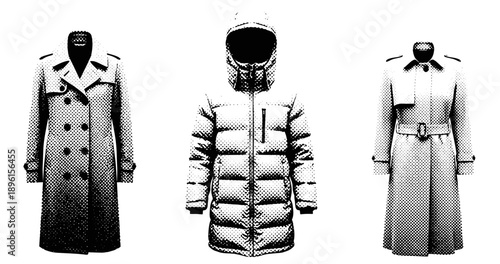 Monochrome fashion: trench coat, puffer jacket, and overcoat in black and white