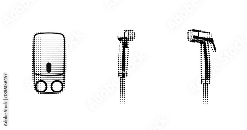 Monochrome halftone background featuring instant water heater and handheld shower heads
