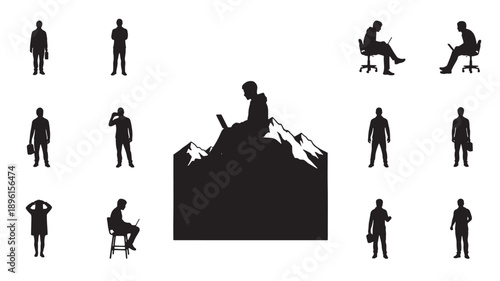 Collection of silhouetted people in various poses and activities surrounding a large silhouette of a person hiking in the mountains