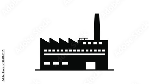Industrial factory building with chimney and windows on white background