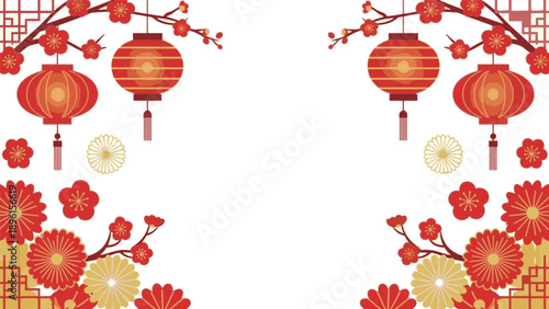 Festive Chinese New Year background with traditional red lanterns and beautiful blooming flowers, perfect for cultural celebrations and greetings