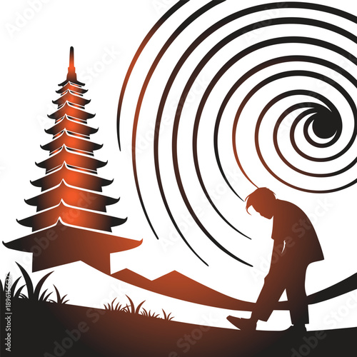 Silhouette of a person contemplating a pagoda under a swirling, hypnotic vortex, evoking themes of introspection, spirituality, and the vastness of the universe