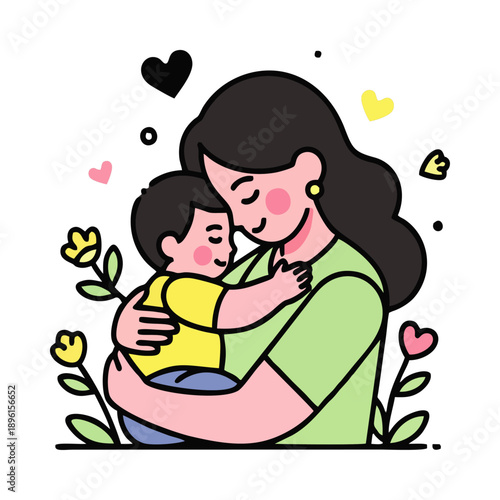 A cartoon illustration of a smiling woman hugging a child with flowers and hearts around them on a white background with a warm and loving mood.